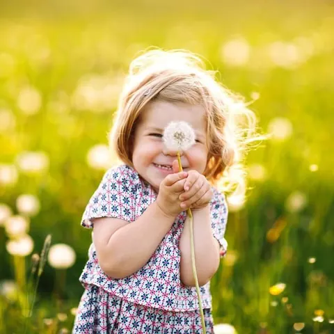 Kind mit Pusteblume auf einer sonnigen Frühlingswiese